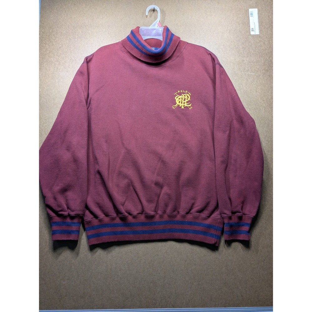 Vintage Polo Ralph Lauren Roll Neck Sweatshirt Burgundy Gold Crest Logo Mens L